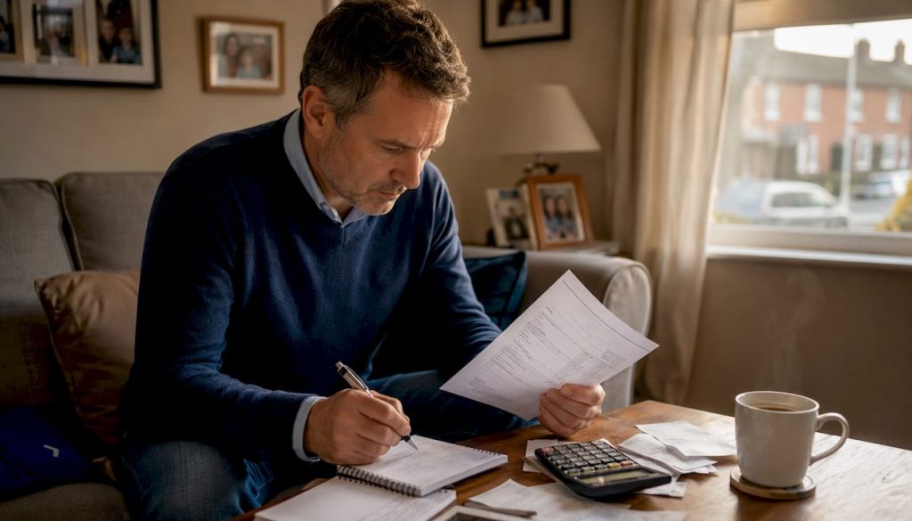 Man reviewing electrician invoice at kitchen table