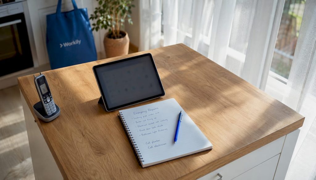 Home office with tablet and emergency repair notes