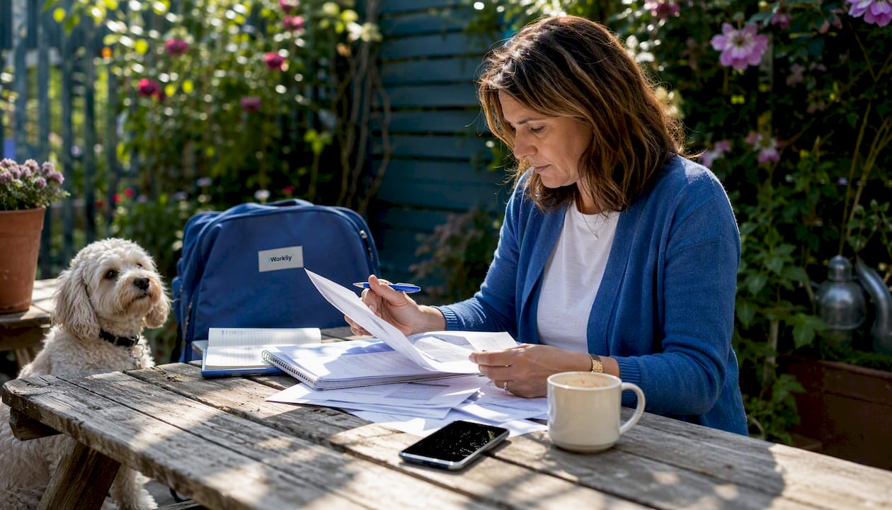 Pet owner reviewing pet sitting quotes at kitchen table