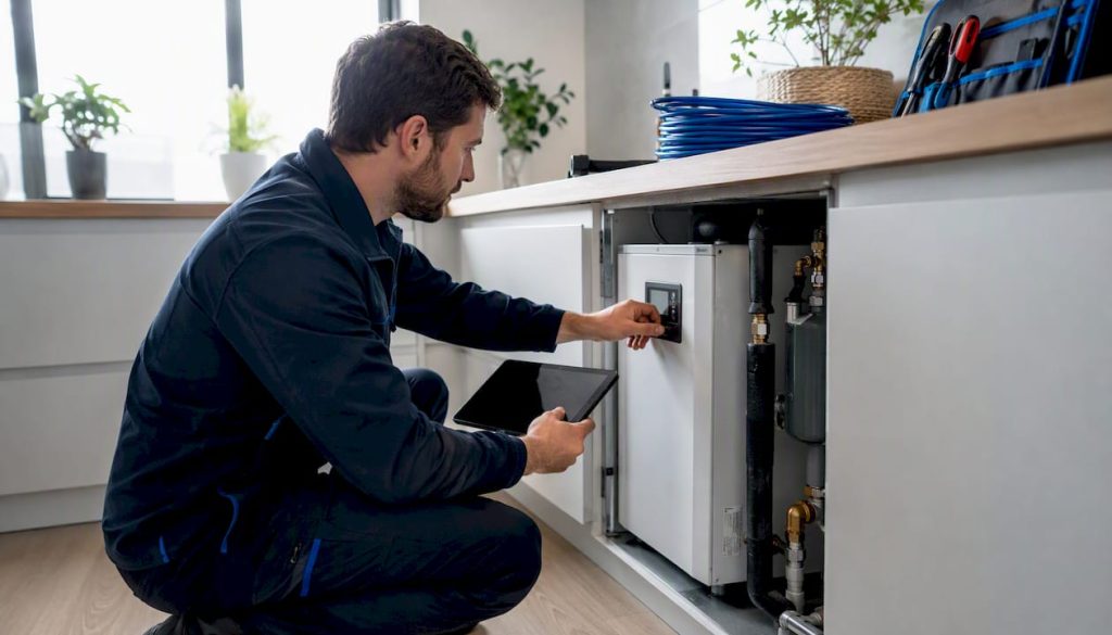 Engineer inspecting residential heat pump system