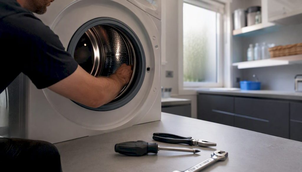 Close-up of appliance repair tools and dishwasher