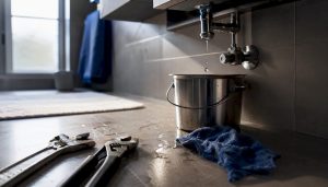 Tools by leaking pipe and bucket indoors