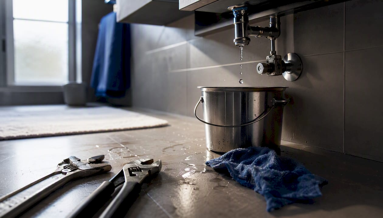 Tools by leaking pipe and bucket indoors