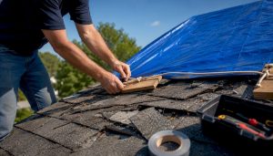 Hands securing tarp on damaged roof