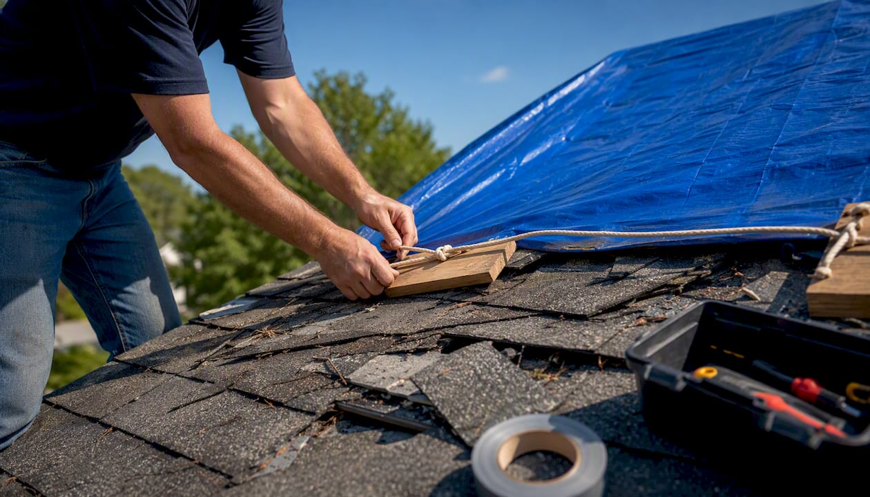 Hands securing tarp on damaged roof