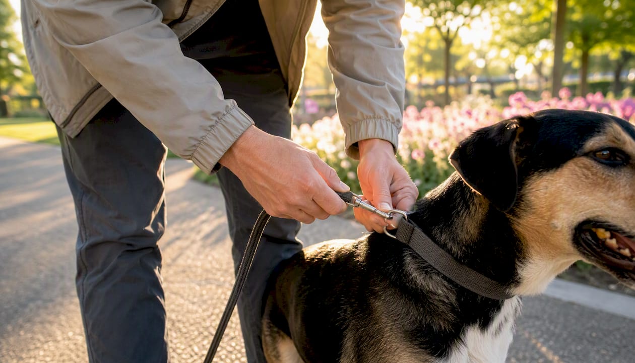 Leashing a dog for a walk in an Irish park