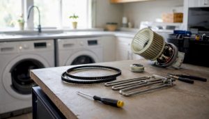 Close-up of tumble dryer repair parts and tools on workbench