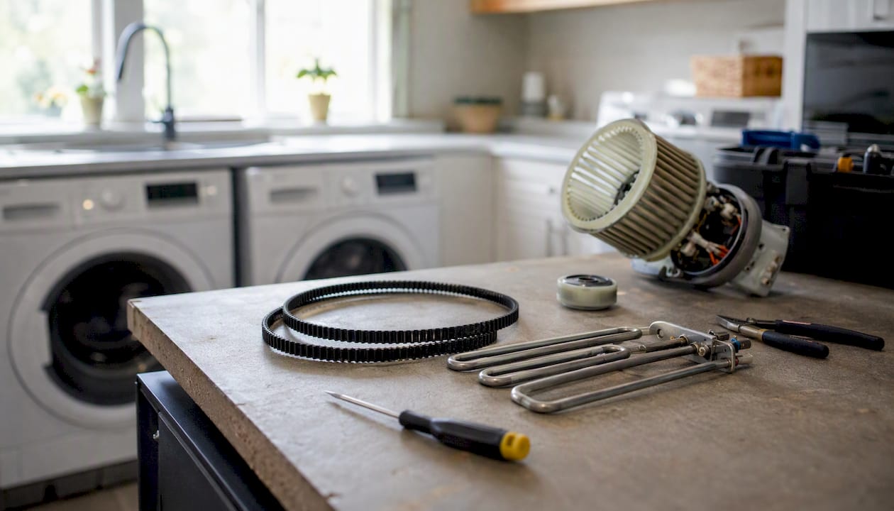 Close-up of tumble dryer repair parts and tools on workbench