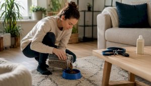 Pet sitter filling dog food bowl indoors