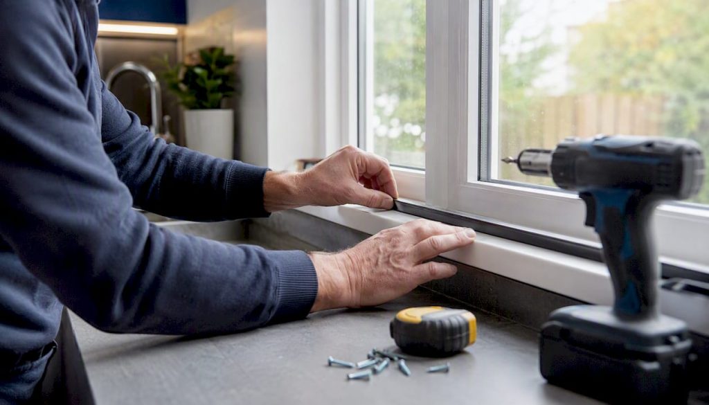 Hands installing window insulation strips