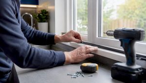 Hands installing window insulation strips