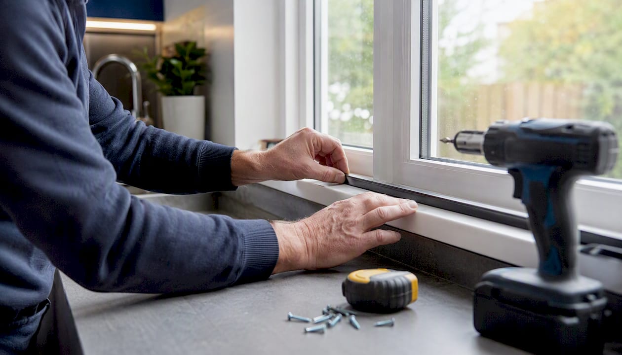 Hands installing window insulation strips