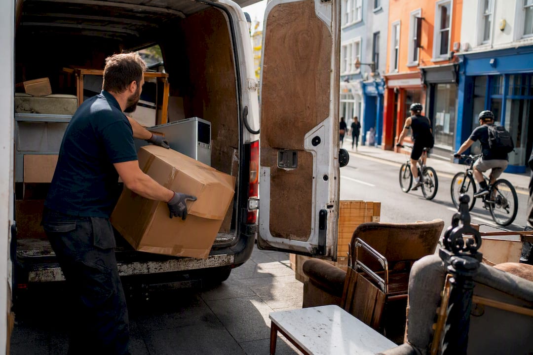 Worker loading junk into van