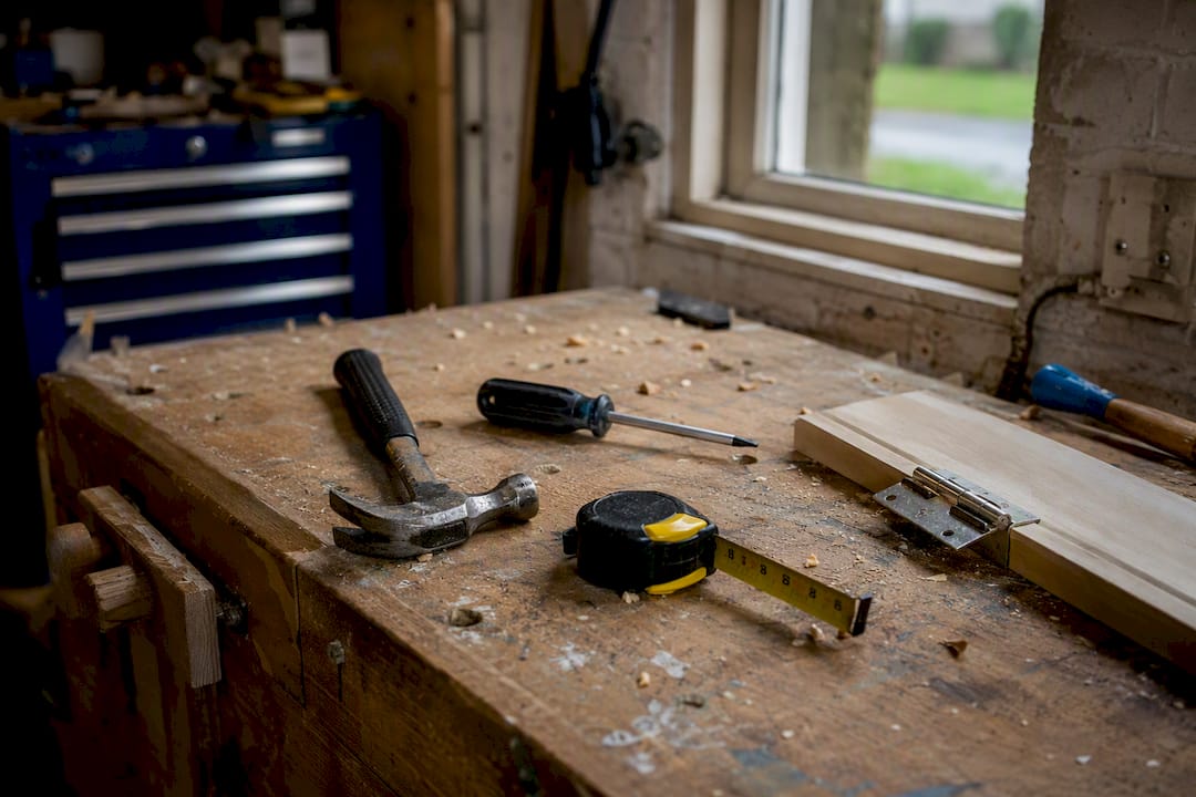 Close-up of handyman tools and door hinge repair