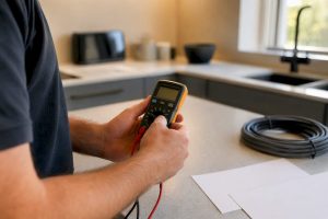 Hands testing RCD safety switch at home