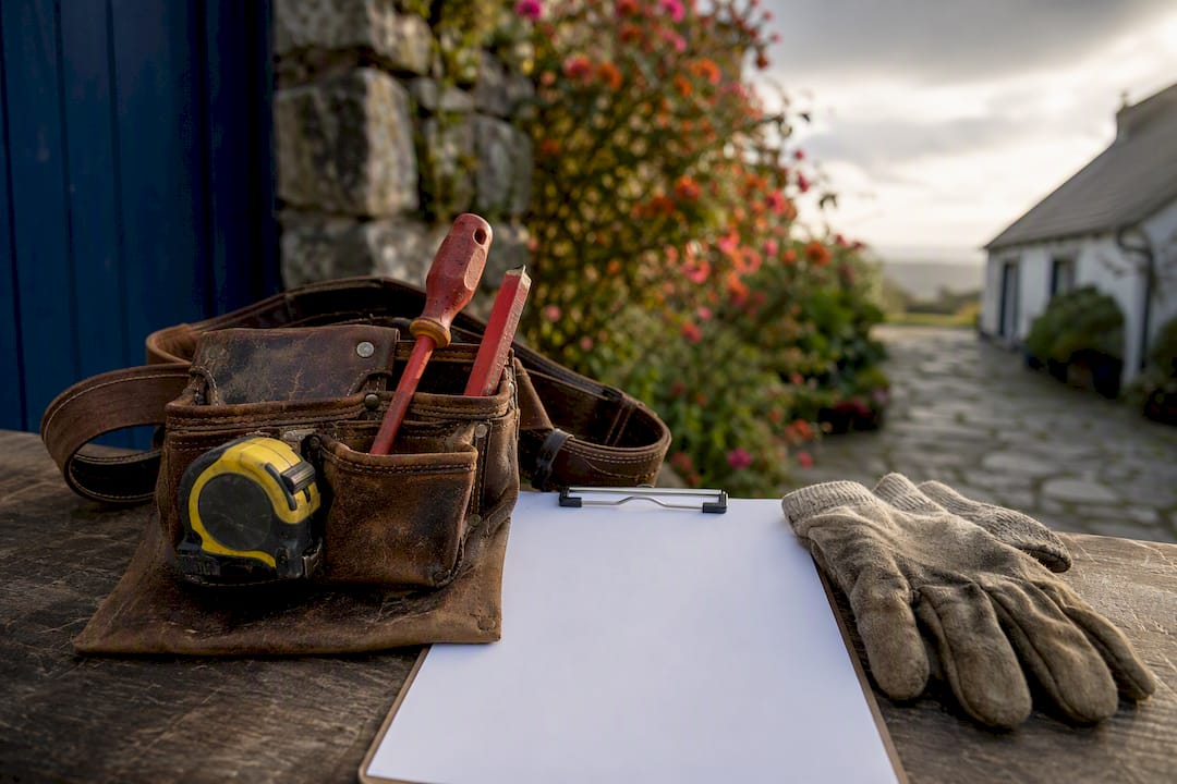Tradesperson's work belt and tools on ground