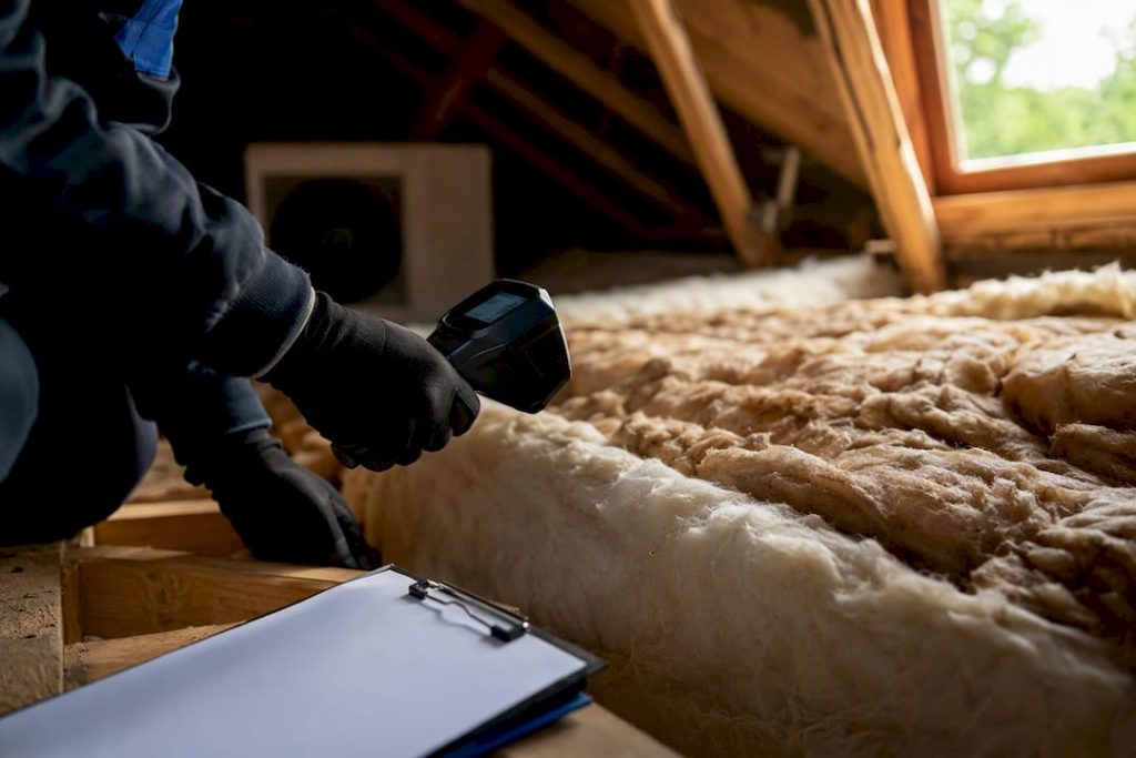 Inspector scanning attic insulation with thermometer