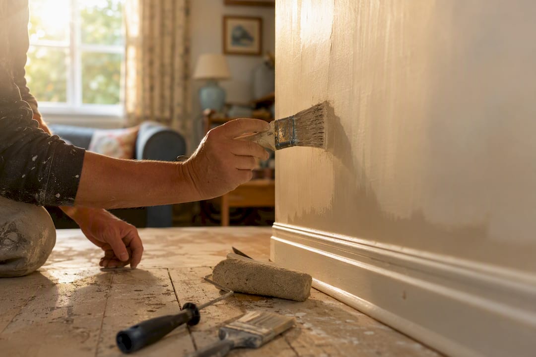 Hands smoothing plaster on wall corner