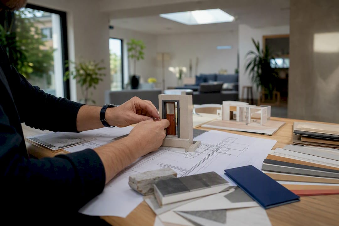 Hands arranging house scale model on desk