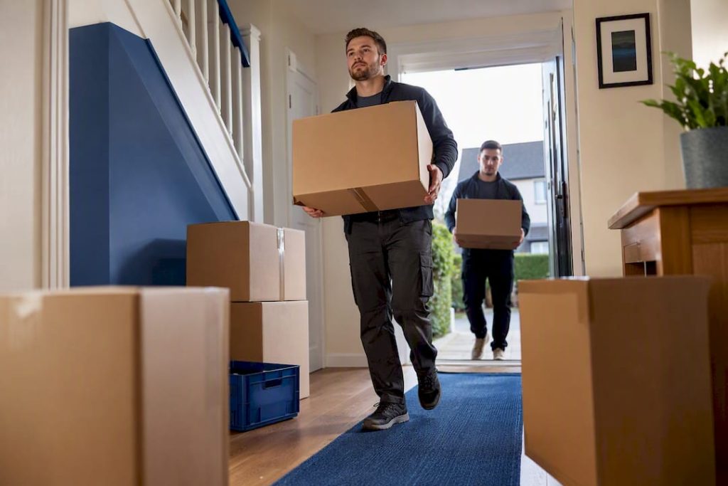 Movers carrying boxes through Irish home