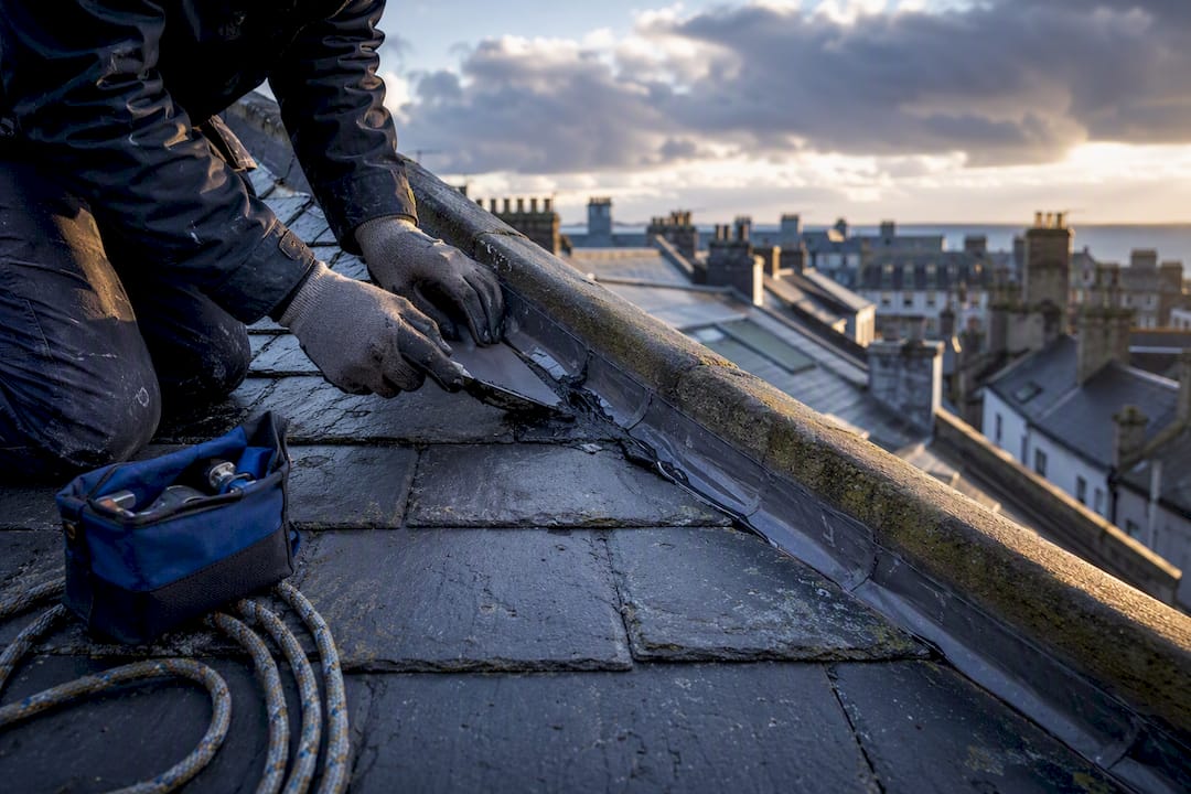 Roofer repairing flashing on Galway slate roof