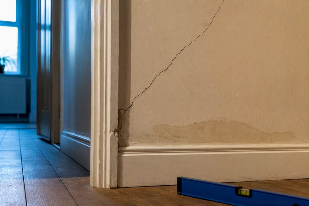 Plaster crack and moisture stain in hallway