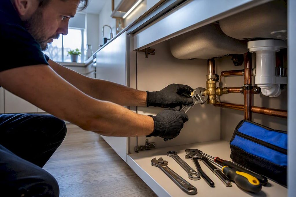 Plumber inspecting kitchen pipework in Dublin