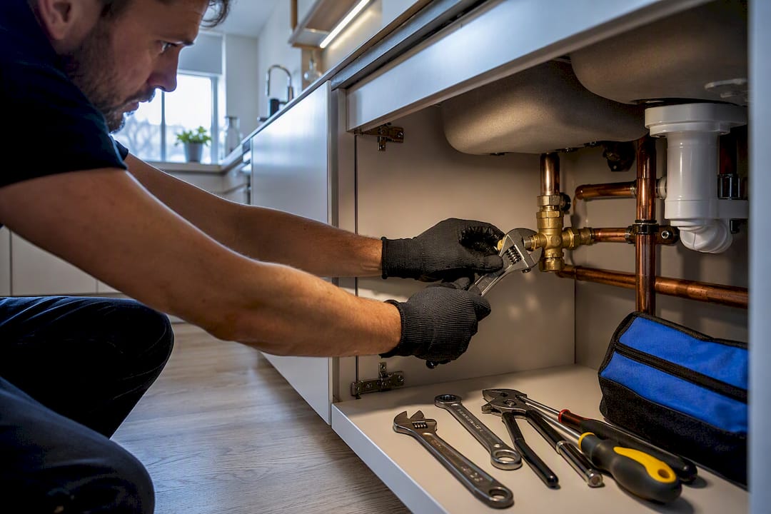 Plumber inspecting kitchen pipework in Dublin