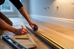 Hands measuring timber for a DIY shelf