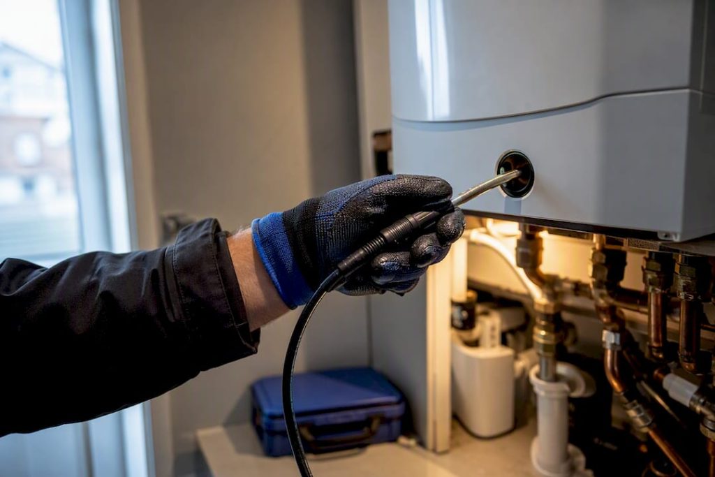 Engineer performing boiler combustion safety check