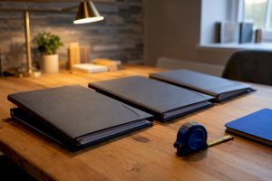 Three contractor bid folders arranged for comparison
