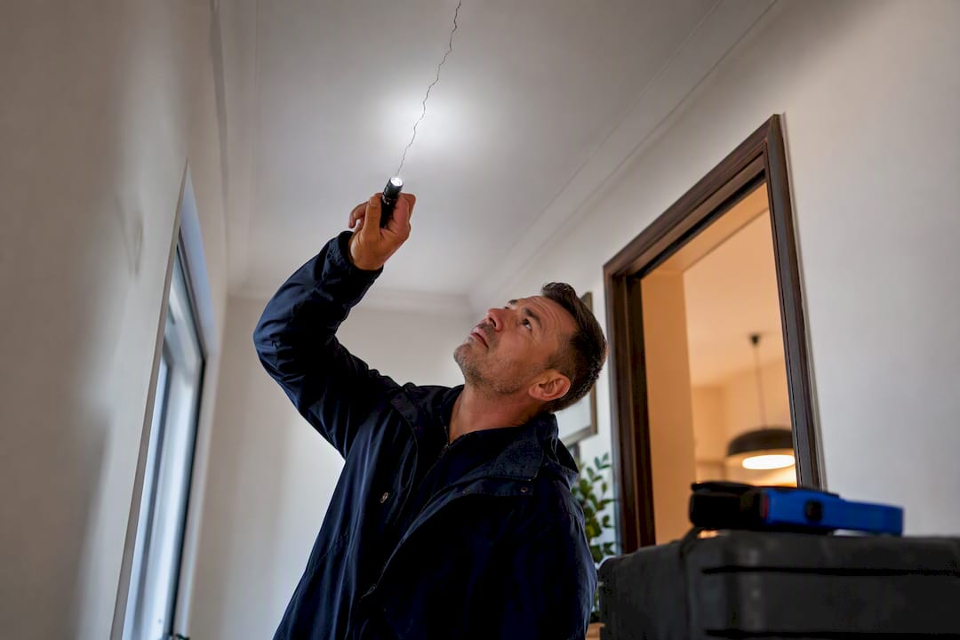 Professional inspecting ceiling crack in Irish home